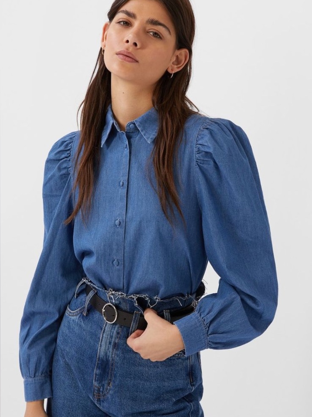Stradivarius Medium Blue Denim Button-Up Shirt with Puff Shoulders